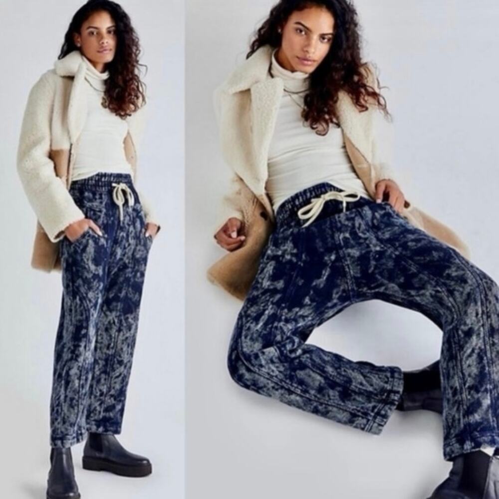 Free People Navy Tie-Dye Wide-Leg Drawstring Pants